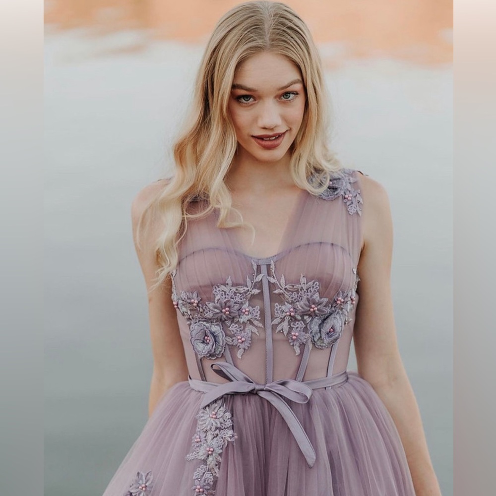 Lavender A-line Dress with 3D floral appliqué